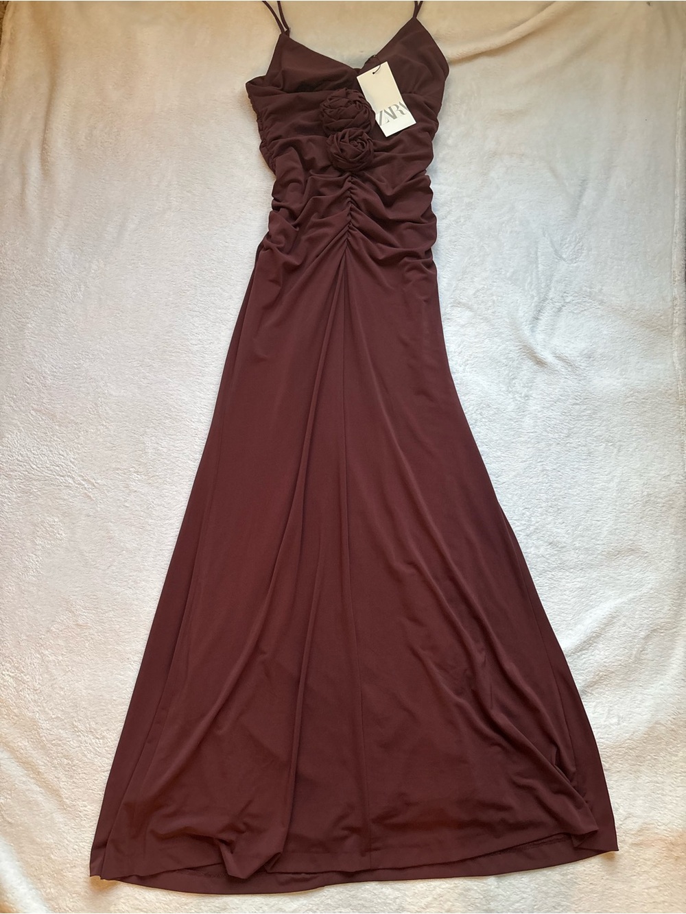 Zara Burgundy Ruched Maxi Dress with Rosette Detail